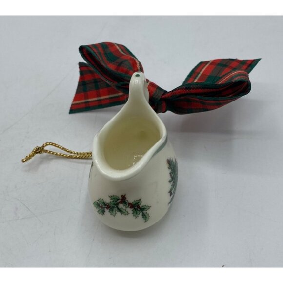 Spode Miniature Christmas Tree Pitcher Ornament W/ Plaid Bow & Gold Hanging Stri - Picture 5 of 11